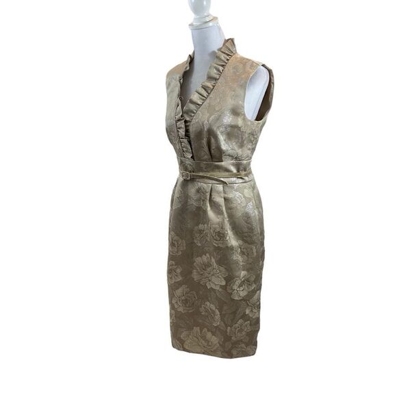 Eliza J Champagne Color Floral Brocade Ruffle Neckline Sleeveless Dress Medium - Picture 3 of 13